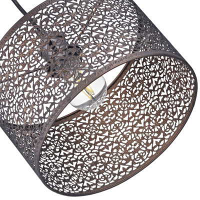 Ornate Moroccan Style Decorated Matt Bronze Metal Pendant Lamp Shade 25cm x 15cm