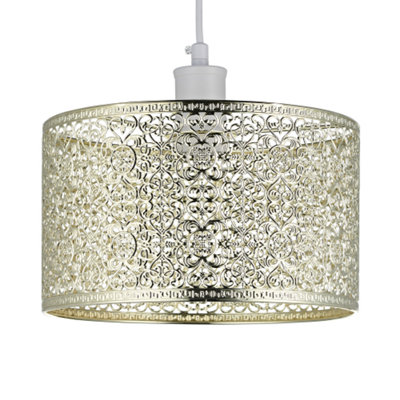 Ornate Moroccan Style Decorated Shiny Gold Metal Pendant Lamp