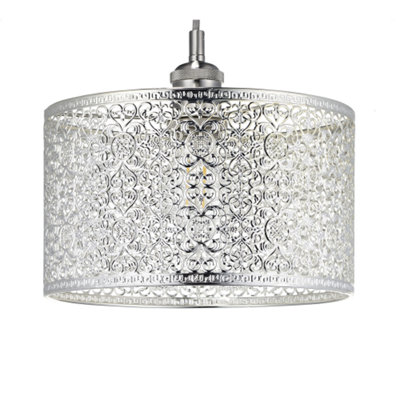 Ornate Moroccan Style Decorated Shiny Silver Metal Pendant Shade