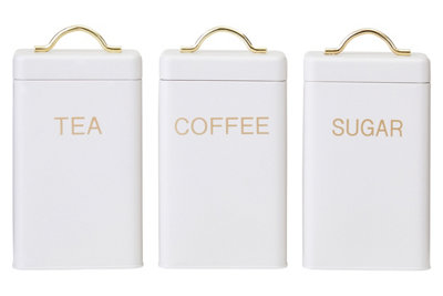 Orsina 3-Piece Cream Gold Tea Coffee Sugar Canisters, Tin
