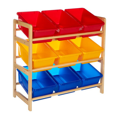 Orsina 3 Tier Wooden Frame Storage Unit, Colourful Plastic Bins with ...