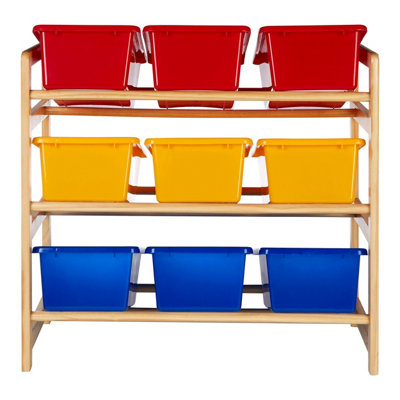 Orsina 3 Tier Wooden Frame Storage Unit, Colourful Plastic Bins with ...
