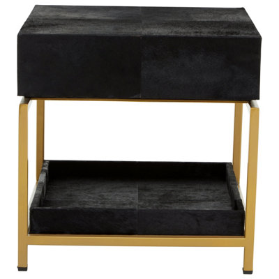 Orsina Black Hair On Hide Bedside Table, Luxe Gold Frame Nightstand ...