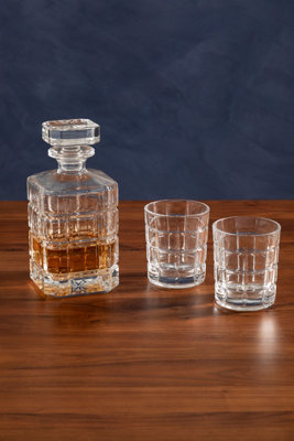 Orsina Decanter With 2 Tumblers, Modern 850ml Whiskey Decanter & Tumblers, Textured Barware Jug, Crystal Drinkware
