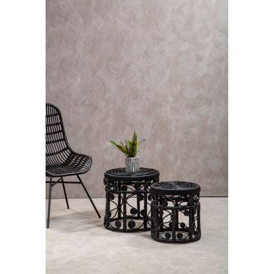 Orsina Elegant Set Of Two Black Natural Rattan Tables, Round Coffee ...