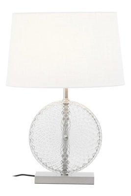 Orsina Glass And Brushed Chrome Table Lamp, Round Cut Glass And Chrome Base, White Linen Shade Lighting
