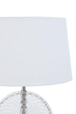 Orsina Glass And Brushed Chrome Table Lamp, Round Cut Glass And Chrome Base, White Linen Shade Lighting
