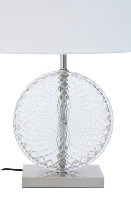Orsina Glass And Brushed Chrome Table Lamp, Round Cut Glass And Chrome Base, White Linen Shade Lighting