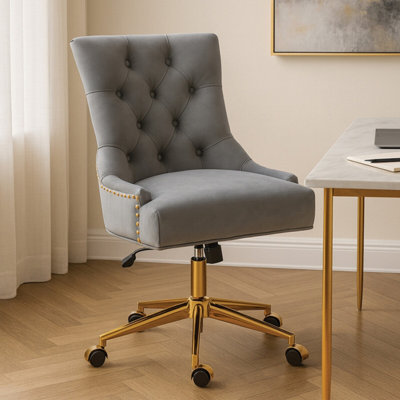 thumbnail image 2 of Luxury Solfway Office Chair – Tufted PU Leather, Gold Frame, Adjustable Height & 360° Swivel 2 of 4