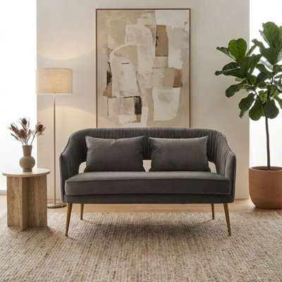 Orsina Grey Velvet Sofa With Pleated Backrest, 2 Seater Sofa,Modern ...