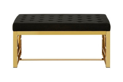 Orsina Luxe Black Velvet and Gold Bench, Button Tufted Upholstery with ...