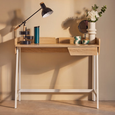 Orsina Natural Oak One Drawer Desk, White Metal Frame Home Office Desk ...