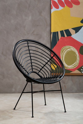 Orsina Natural Rattan Black Round Chair with Black Metal Legs, Rattan ...