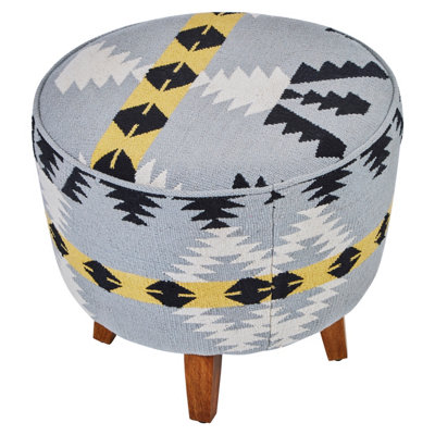 Orsina Round Footstool With Geometric Pattern, Mango Wood Legs Pouffe ...