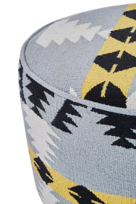 Orsina Round Footstool With Geometric Pattern, Mango Wood Legs Pouffe ...