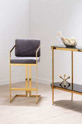 Orsina Stylish Grey Velvet Bar Stool With Gold Frame, Modern Design ...