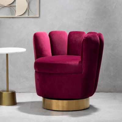 Orsina Wine Velvet Accent Chair With Gold Base, Plush Scalloped ...