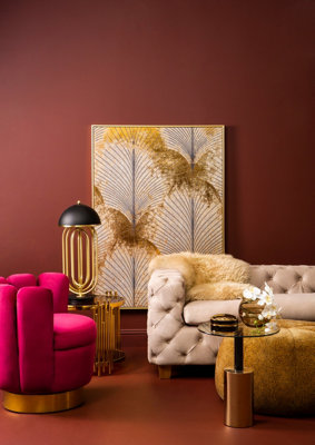 Orsina Wine Velvet Accent Chair With Gold Base, Plush Scalloped ...