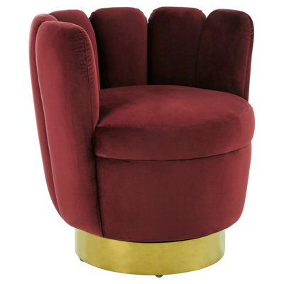 Orsina Wine Velvet Accent Chair With Gold Base, Plush Scalloped ...