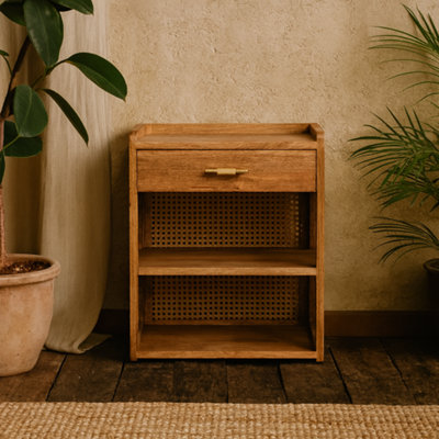 Orta Mango Wood T-Bar Bedside Table with Drawer, Natural Oak Finish ...