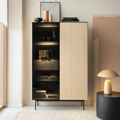 Orta Tall Display Cabinet 107cm - Oak Vincenza & Black Ribbed Glass ...