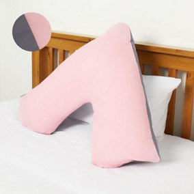 Orthopaedic V-Shaped Pillow With 2 Tone Reversible Pillowcase Extra Cushioning Support For Head, Neck & Back (2 Tone Pink/Grey)
