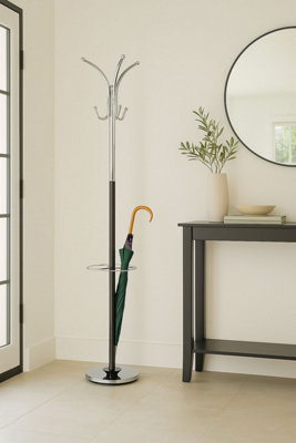 Oscar Free Standing Metal Coat Rack with umbrella base/Chrome and Black