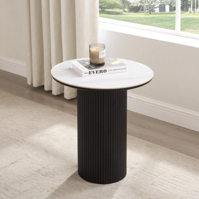Oscar Round Sintered Stone Japandi Side Table with Black Base