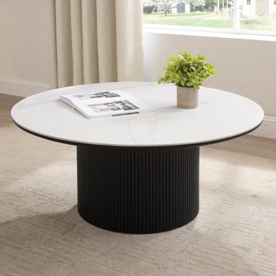 Oscar Round Sintered Stone Topped Japandi Coffee Table with Black Base