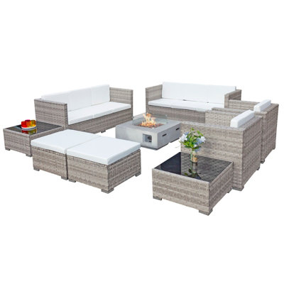 Oseasons Acorn Deluxe Rattan 10 Seat Modular Sofa Set with GRC Firepit in Dove Grey with White Cushions
