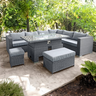 Oseasons Buxton Rattan 9 Seat Rising Firepit Corner Set in Ocean Grey ...