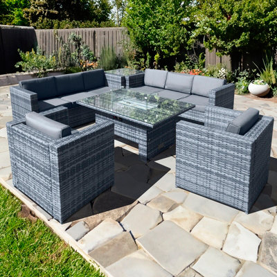 Oseasons Malta Rattan 8 Seat Rising Firepit Corner Set in Ocean Grey ...