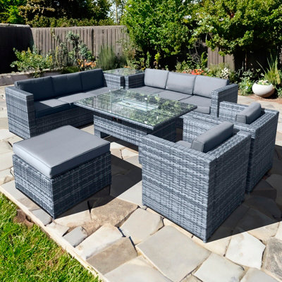 Oseasons Malta Rattan 9 Seat Rising Firepit U-Shape Set in Ocean Grey ...