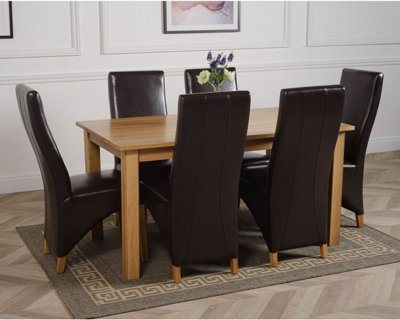Oslo 150 x 90 cm Medium Oak Dining Table and 6 Chairs Dining Set with Lola Brown Leather Chairs