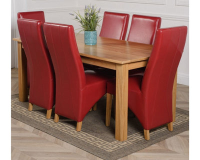 Oslo 180 x 90 cm Large Oak Dining Table and 6 Chairs Dining Set with Lola Burgundy Leather Chairs