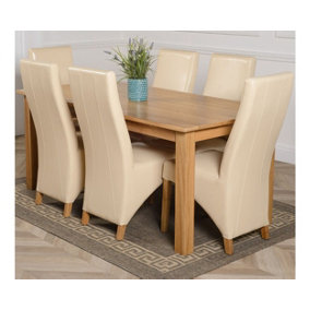 Oslo 180 x 90 cm Large Oak Dining Table and 6 Chairs Dining Set with Lola Ivory Leather Chairs