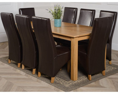 Oslo 180 x 90 cm Large Oak Dining Table and 8 Chairs Dining Set with Lola Brown Leather Chairs