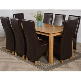 Oslo 180 x 90 cm Large Oak Dining Table and 8 Chairs Dining Set with Lola Brown Leather Chairs