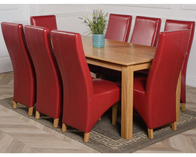 Oslo 180 x 90 cm Large Oak Dining Table and 8 Chairs Dining Set with Lola Burgundy Leather Chairs