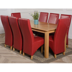 Oslo 180 x 90 cm Large Oak Dining Table and 8 Chairs Dining Set with Lola Burgundy Leather Chairs