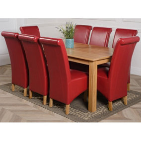 Oslo 180 x 90 cm Large Oak Dining Table and 8 Chairs Dining Set with Montana Burgundy Leather Chairs