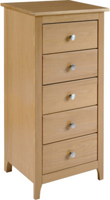 Oslo 5 Drawer Narrow Chest in Pine Finish with Metal Handles