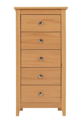 Oslo 5 Drawer Narrow Chest in Pine Finish with Metal Handles