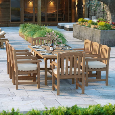 OSLO TEAK GARDEN OUTDOOR DINING TABLE & 8 SEAT CHAIR SET - WITH CREAM ...