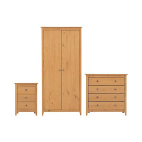 Oslo Trio Set Wardrobe Chest of Drawers Bedside in Pine Finish
