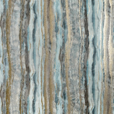 Oslo Wallpaper in Blue and Brown with Gold Metallic