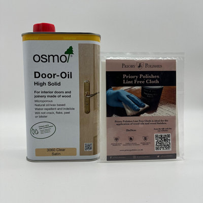 Osmo Door Oil 3060 (Clear Satin 1 Litre) & Free Priory Polishes Lint Free Cloth