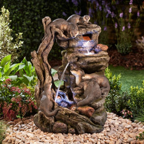 Otter Family Water Feature Light Up LED, Self Contained for Garden, Decking & Patio, Outdoor, Weatherproof, Height 76cm