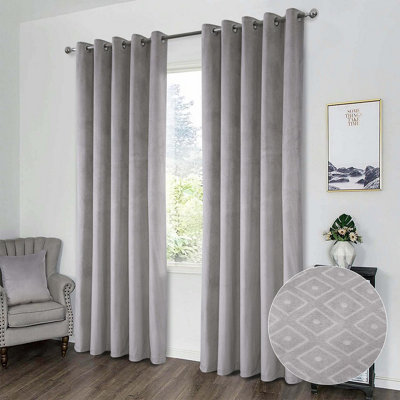 Otto Thermal Interlined Eyelet Curtains - Geometric Design Velour Fabric Curtains for Bedroom or Living Room - 114 x 137cm, Grey