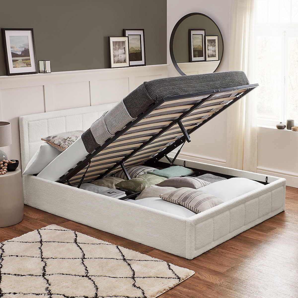 Ottoman Bed Frame Double White Boucle Storage Bed - No Mattress Ottoman Bed Frame Double White Boucle Storage Bed - No Mattress
